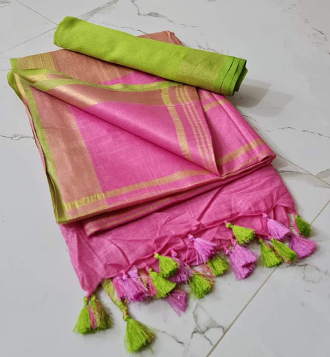 Linen Cotton Plain Saree - Pink & Green Colour
