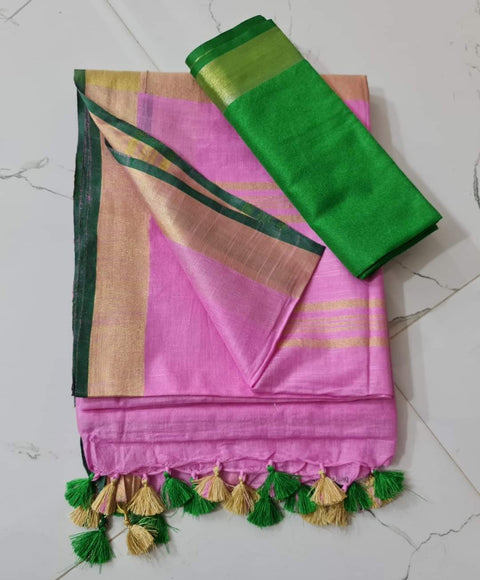 Linen Cotton Plain Saree - Green and Pink Colour