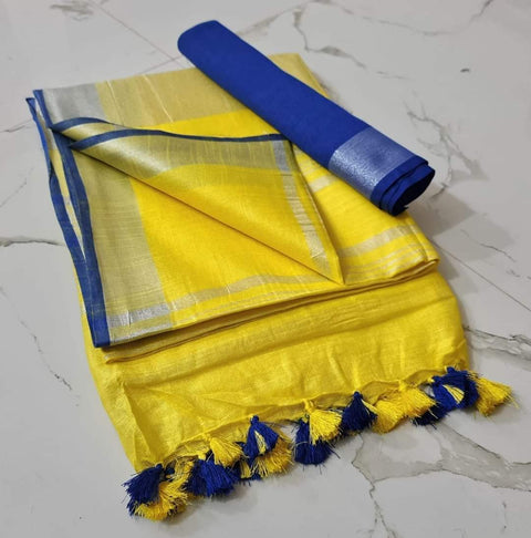 Linen Cotton Plain Saree - Blue & Yellow Color