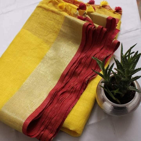 Linen Cotton Plain Saree - Yellow Color
