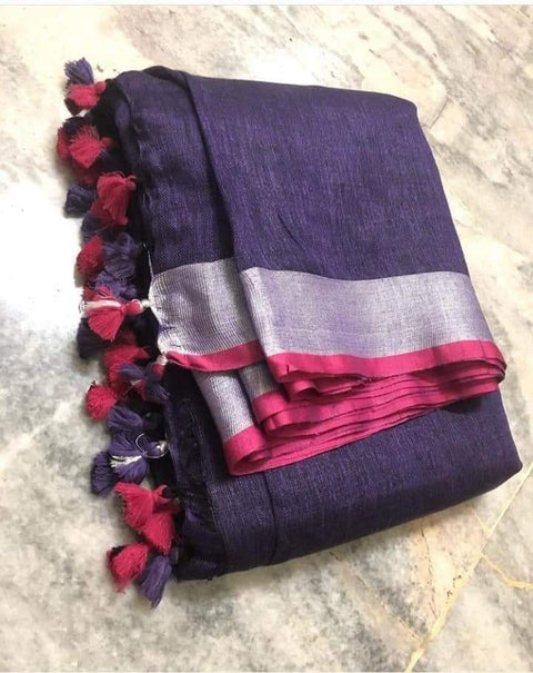 Linen Cotton Plain Saree - Purple Color