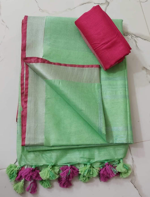 Linen Cotton Plain Saree - Green & Red Color