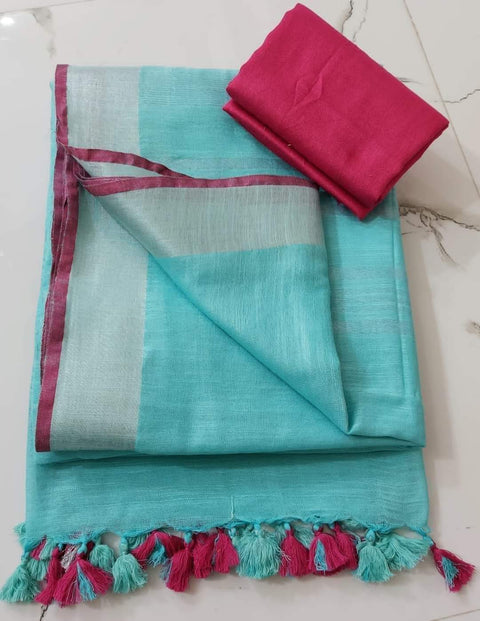 Linen Cotton Plain Saree - Blue & Red Color