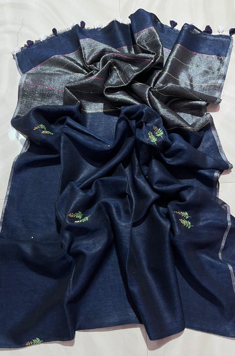 Linen By Linen Embroidered Saree  - Charcoal Navy Blue Color