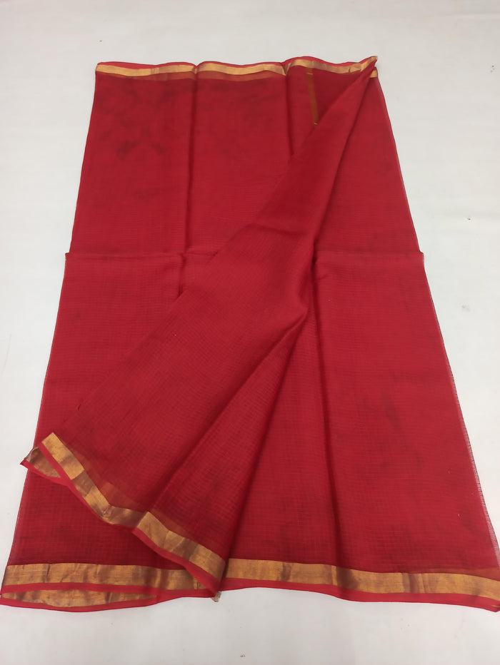Pure Cotton Kota Doria Plain Saree - Red Colour