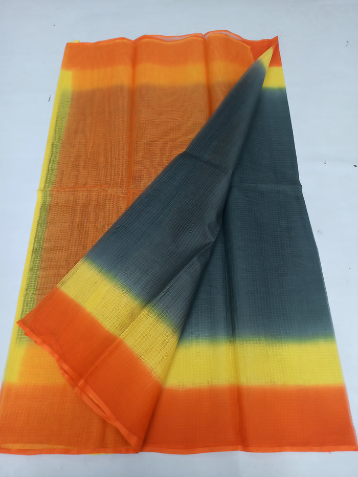 Pure Cotton Kota Doria Multicolor Plain Saree - Orange Colour