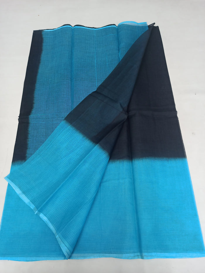 Pure Cotton Kota Doria Multicolor Plain Saree - Blue & Black Colour