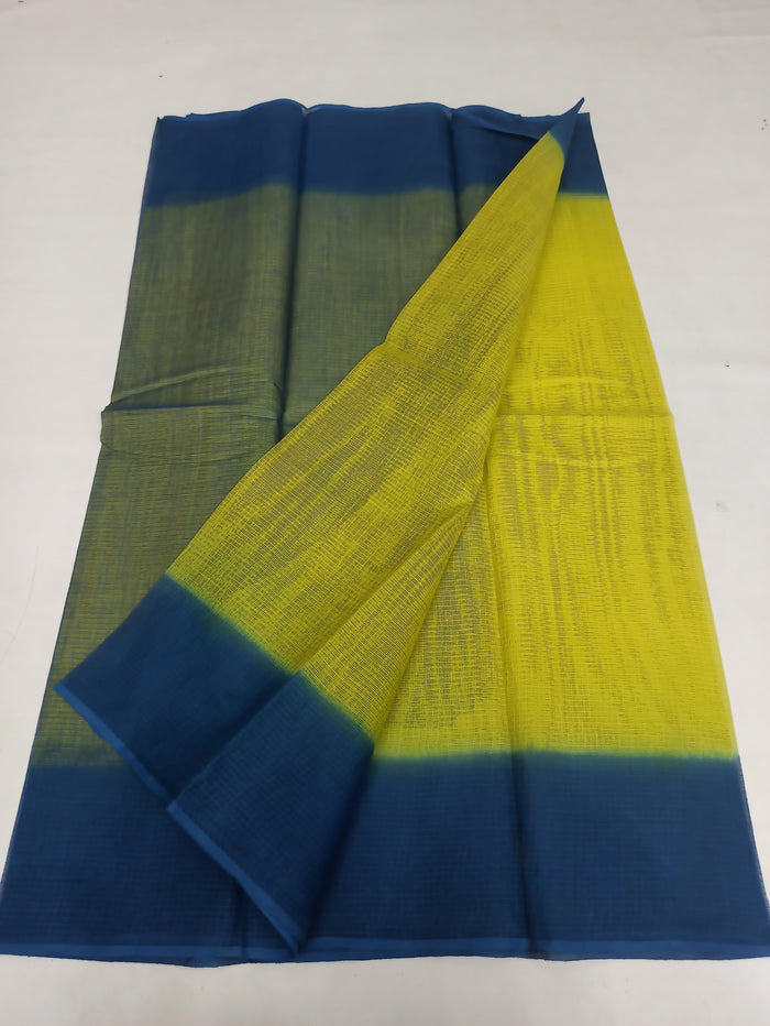 Pure Cotton Kota Doria Multicolor Plain Saree - Yellow & Navy Blue Colour