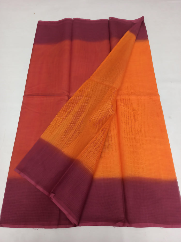 Pure Cotton Kota Doria Multicolor Plain Saree - Maroon & Orange Colour