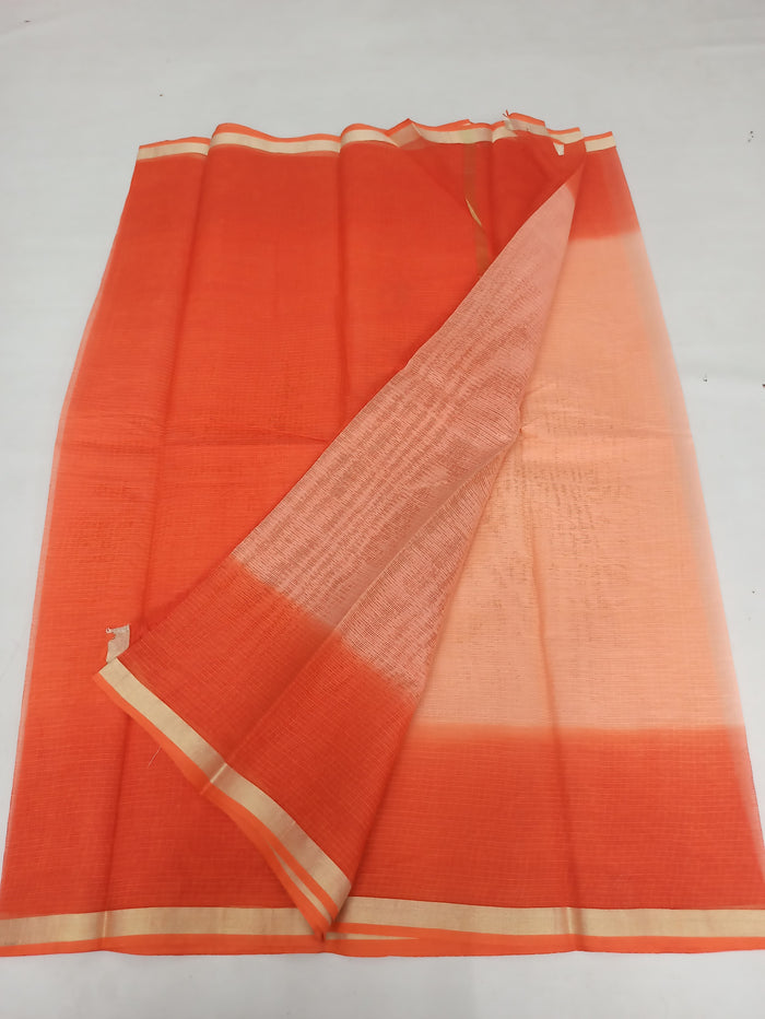 Pure Cotton Kota Doria Multicolor Plain Saree - Orange Color