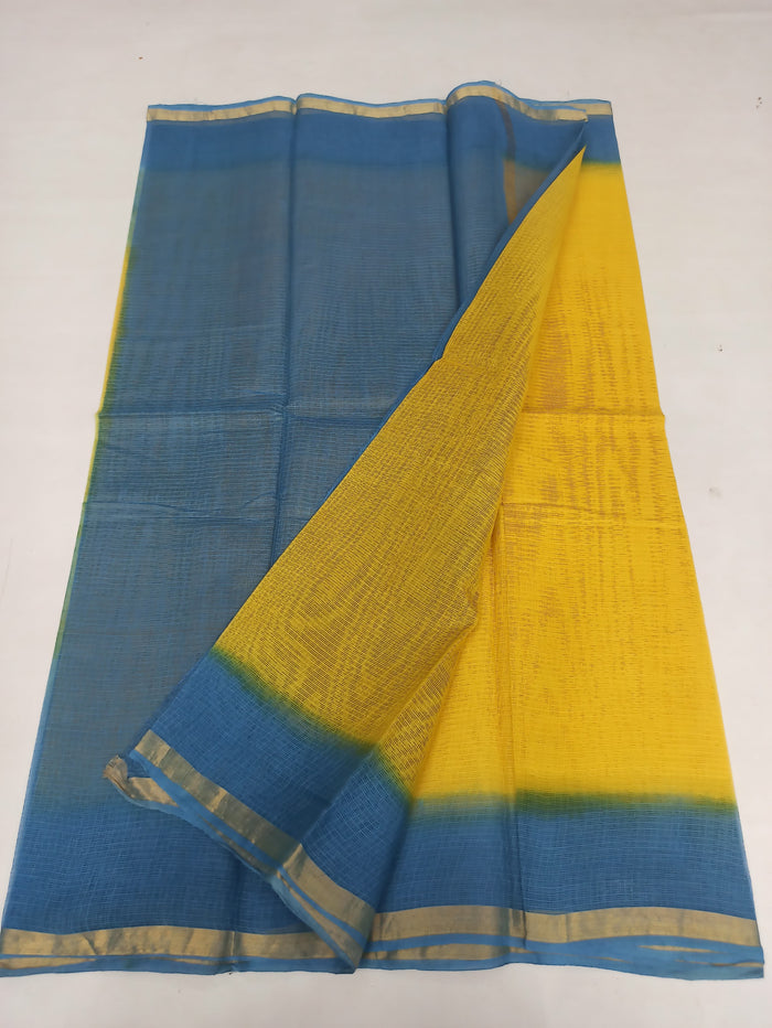 Pure Cotton Kota Doria Multicolor Plain Saree - Blue & Yellow Colour