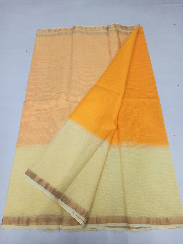 Pure Cotton Kota Doria Multicolor Plain Saree - Cream & Orange Colour