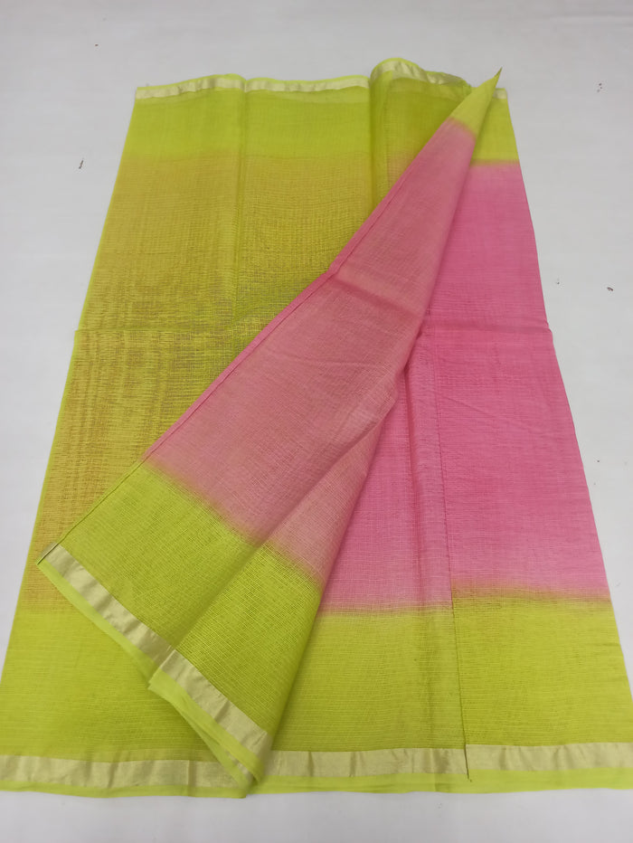 Pure Cotton Kota Doria Multicolor Plain Saree - Green & Pink Colour