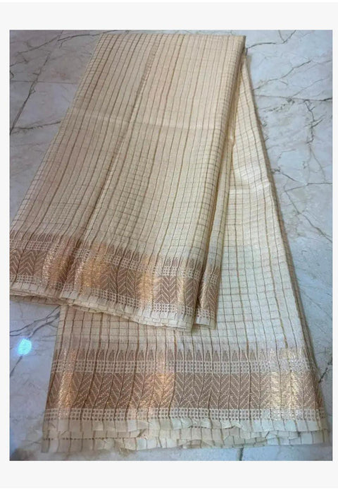 Bhagalpuri Maheshwari Cotton Silk Mini Checks Zari Woven Saree - Cream