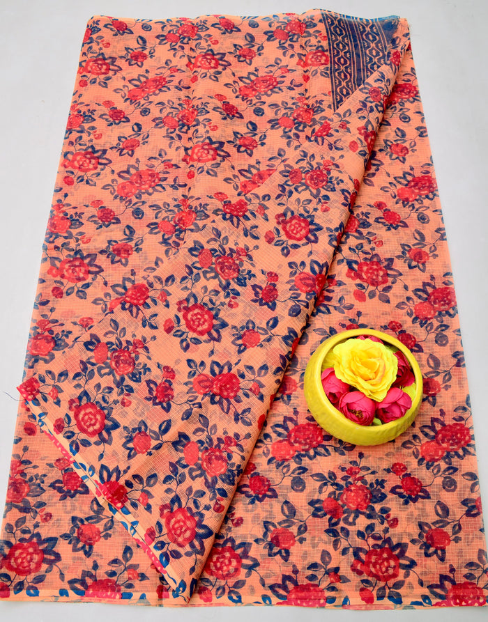 Kota Doria Pure Cotton Printed Saree - Orange Color