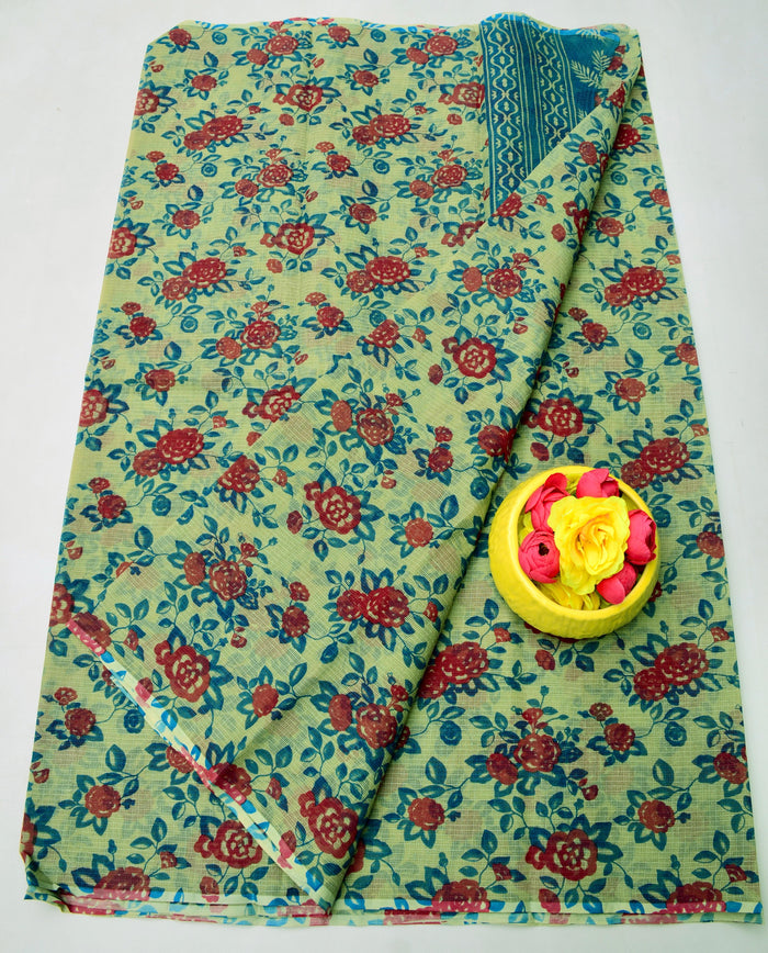 Kota Doria Pure Cotton Printed Saree - Green Color