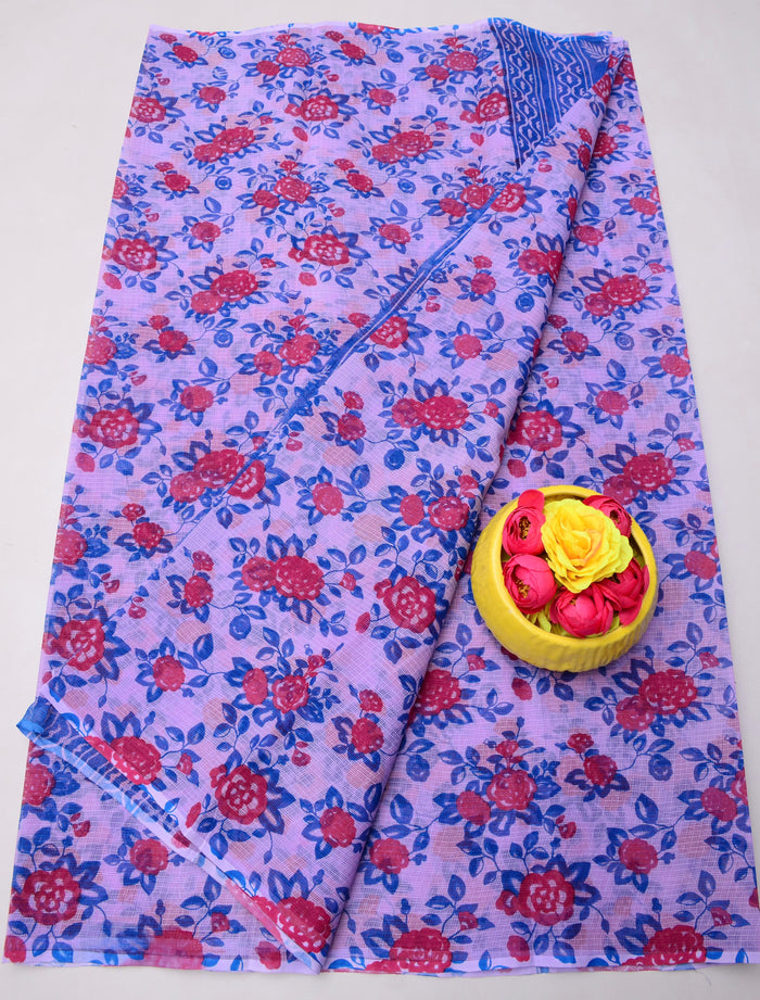 Kota Doria Pure Cotton Printed Saree - Purple Color