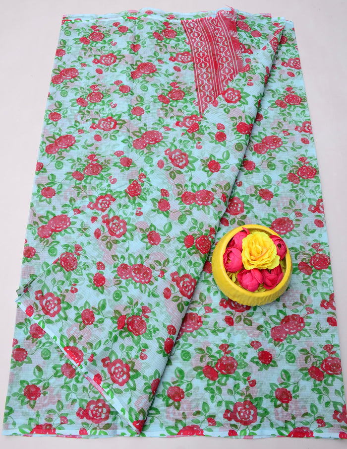 Kota Doria Pure Cotton Printed Saree - Sea Green Color