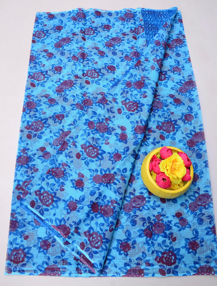 Kota Doria Pure Cotton Printed Saree - Blue Color