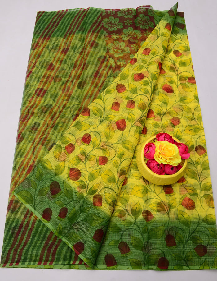 Kota Doria Printed Pure Cotton Saree - Yellow Color