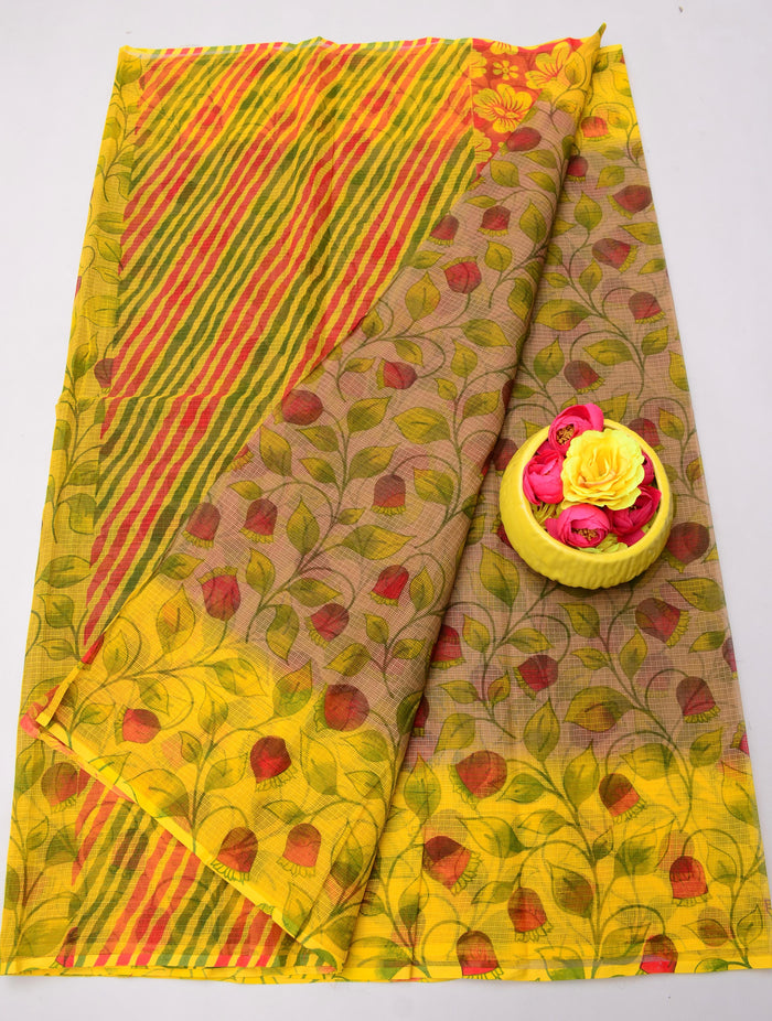 Kota Doria Printed Pure Cotton Saree - Yellow Colour