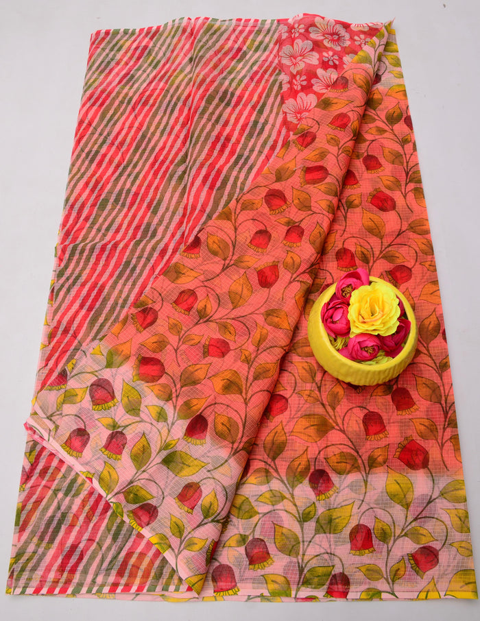 Kota Doria Printed Pure Cotton Saree - Orange Color
