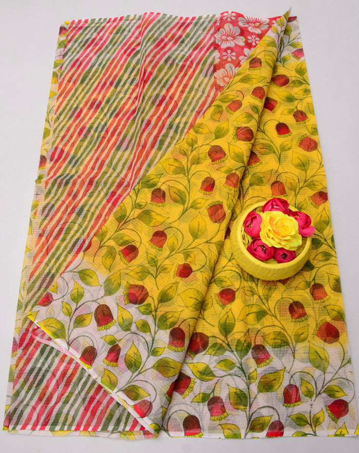 Yellow Color - Kota Doria Printed Pure Cotton Saree
