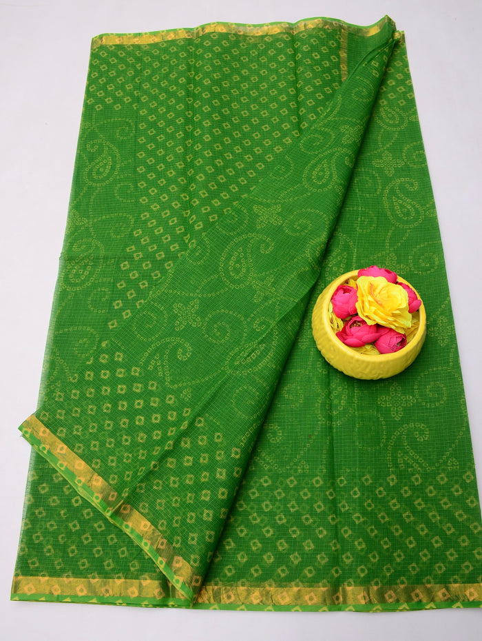 Printed Kota Doria Pure Cotton Saree - Green Color