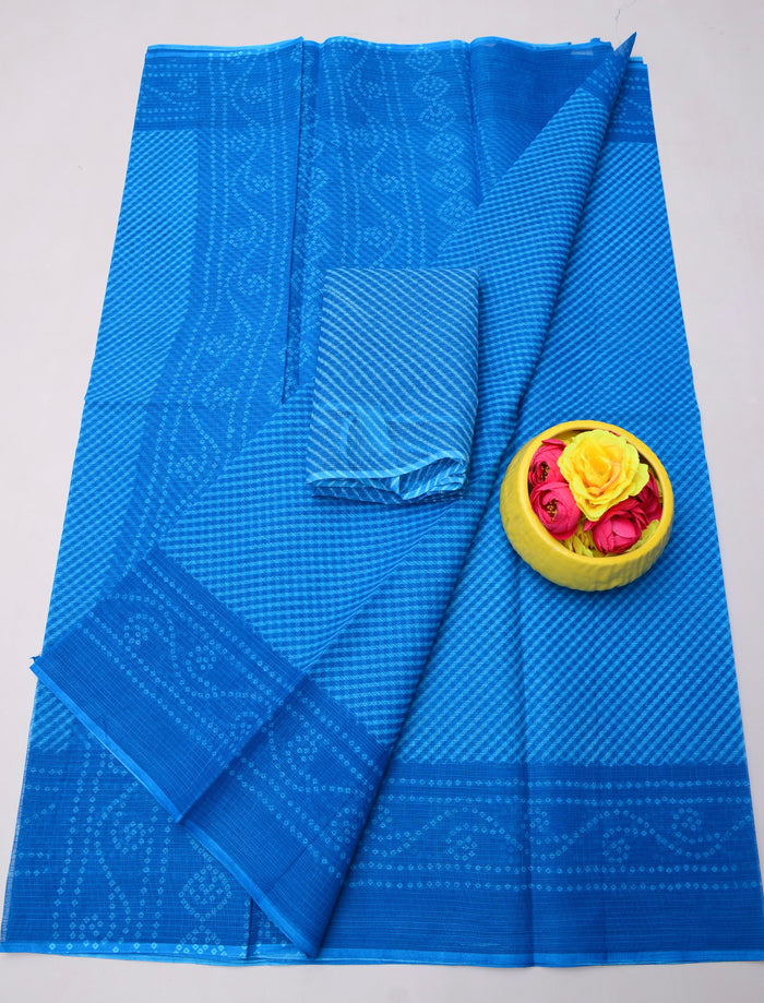 Printed Kota Doria Pure Cotton Saree - Blue Colour