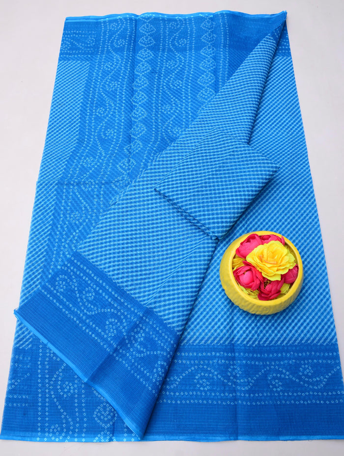 Blue Color - Printed Kota Doria Pure Cotton Saree