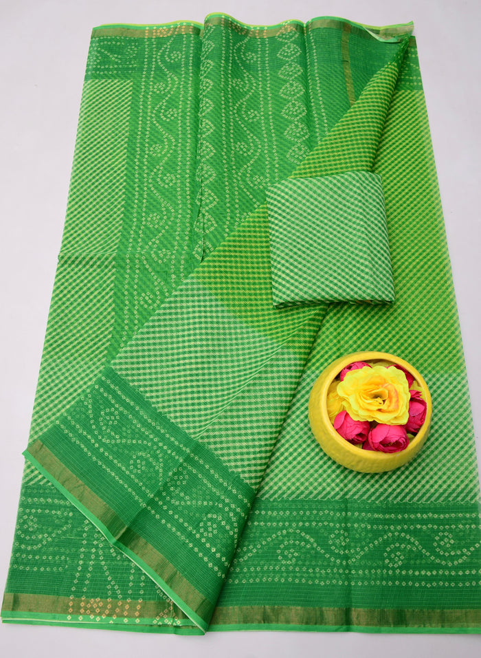 Printed Kota Doria Pure Cotton Saree - Green Colour