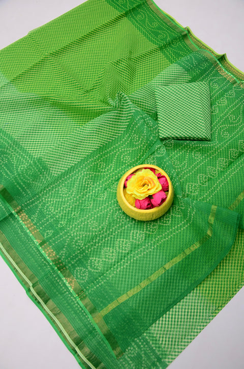 Printed Kota Doria Pure Cotton Saree - Green Colour