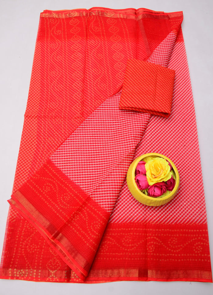 Printed Kota Doria Pure Cotton Saree - Red Color