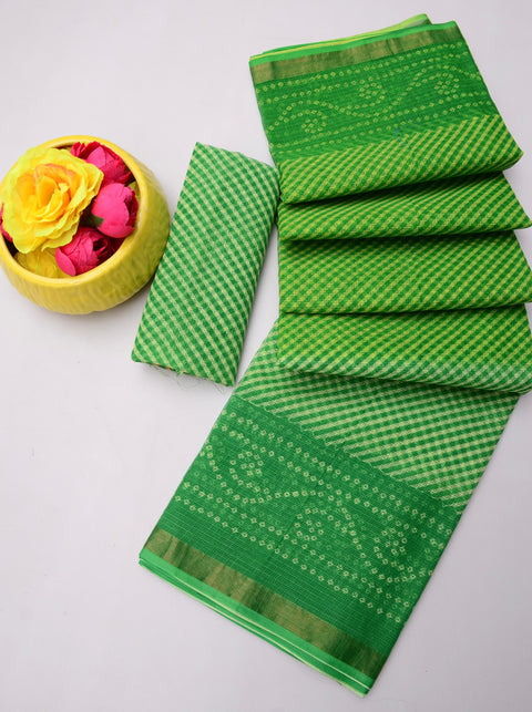 Printed Kota Doria Pure Cotton Saree - Green Colour