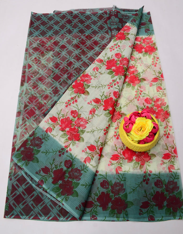 Printed Pure Cotton Kota Doria Saree - White Color