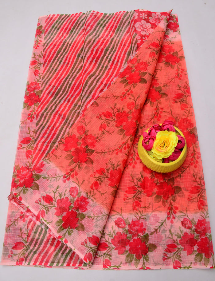 Printed Pure Cotton Kota Doria Saree - Orange Color