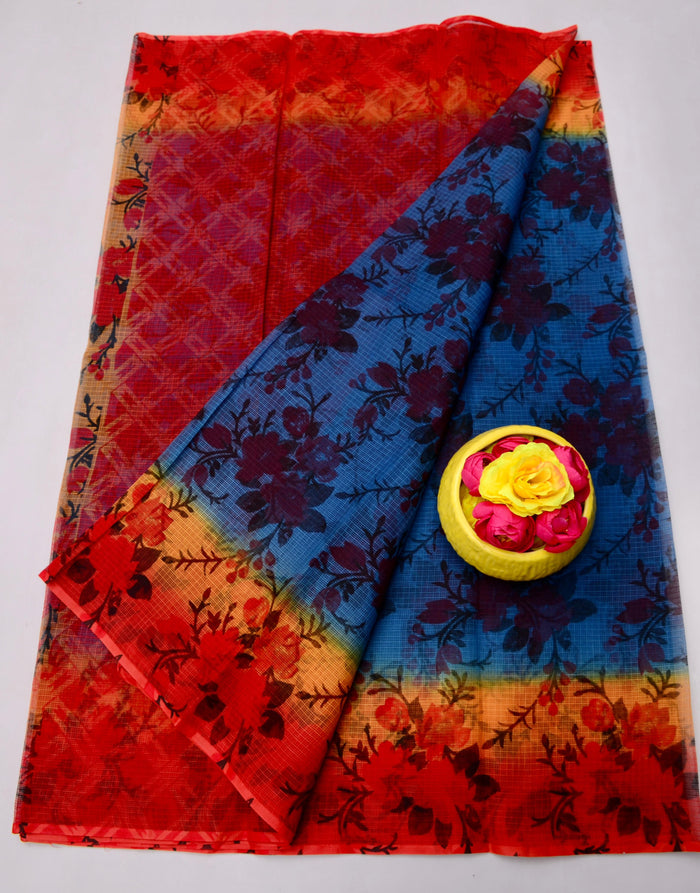 Printed Pure Cotton Kota Doria Saree - Red Color