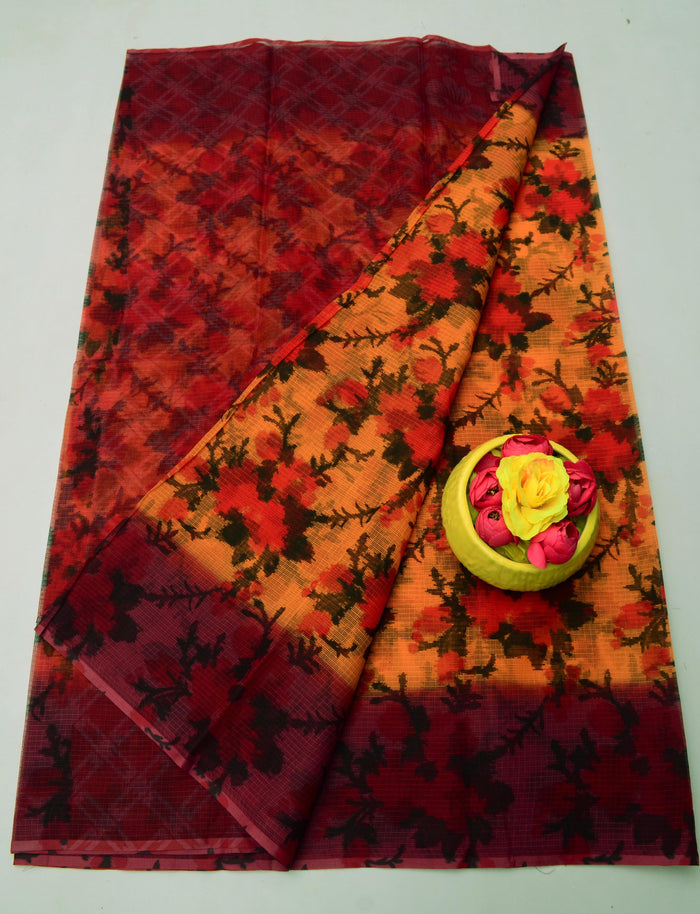 Printed Pure Cotton Kota Doria Saree - Maroon Color