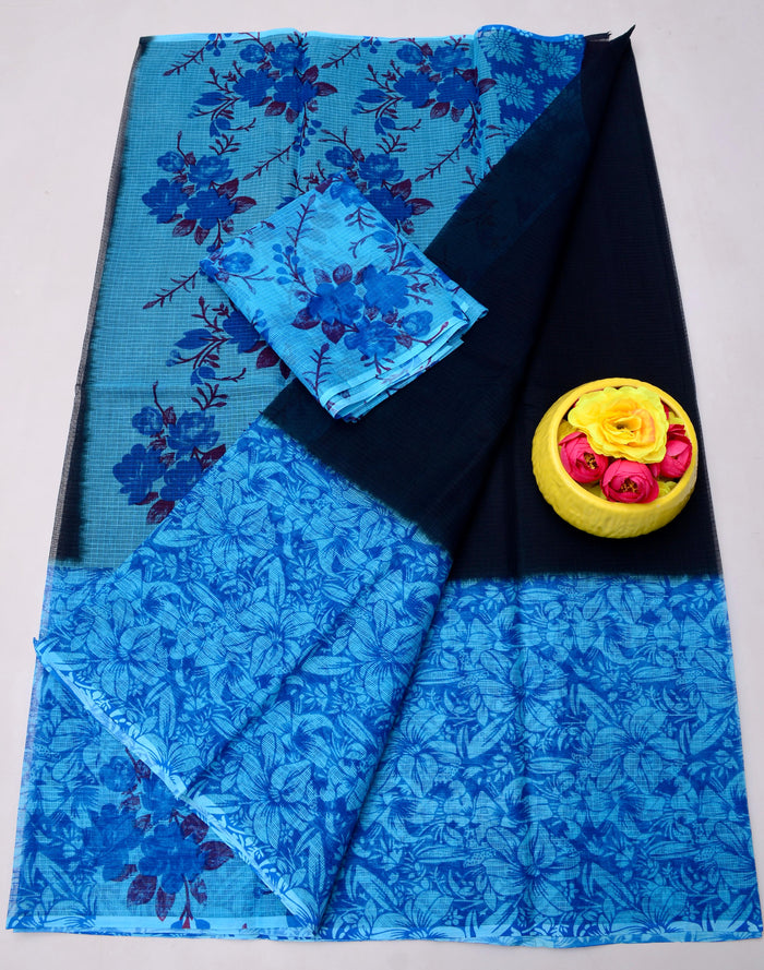 Printed Pure Cotton Kota Doria Saree - Blue Color