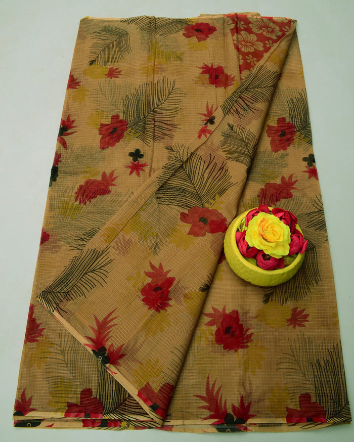 Kota Doria Pure Cotton Floral Printed Saree - Brown Color