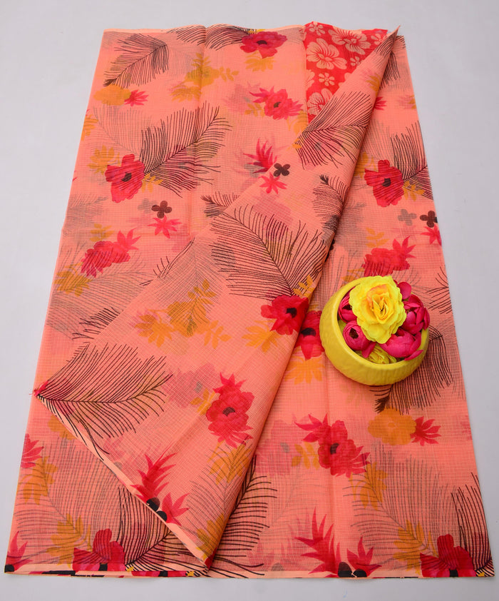 Kota Doria Pure Cotton Floral Printed Saree - Peachy Pink Color