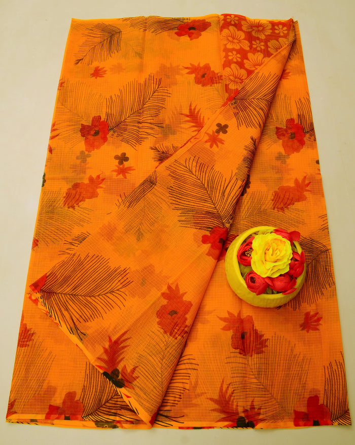 Kota Doria Pure Cotton Floral Printed Saree - Orange Color