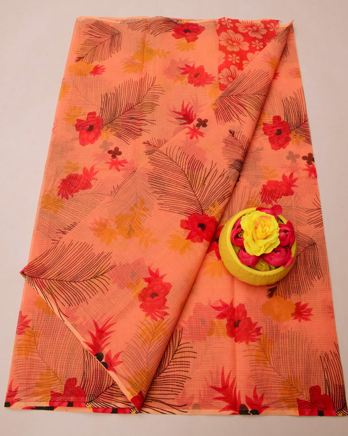 Kota Doria Pure Cotton Floral Printed Saree - Peach Color