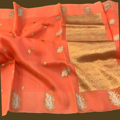 Banarasi Kora Organza Soft Silk Saree - Orange Colour