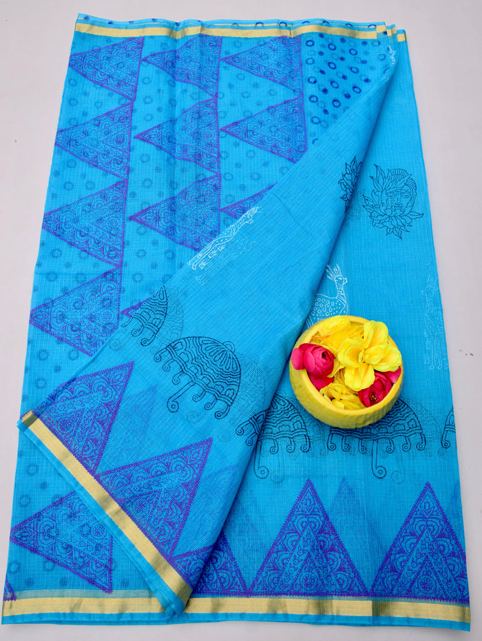 Kota Doria Hand Block Printed Saree - Blue Color