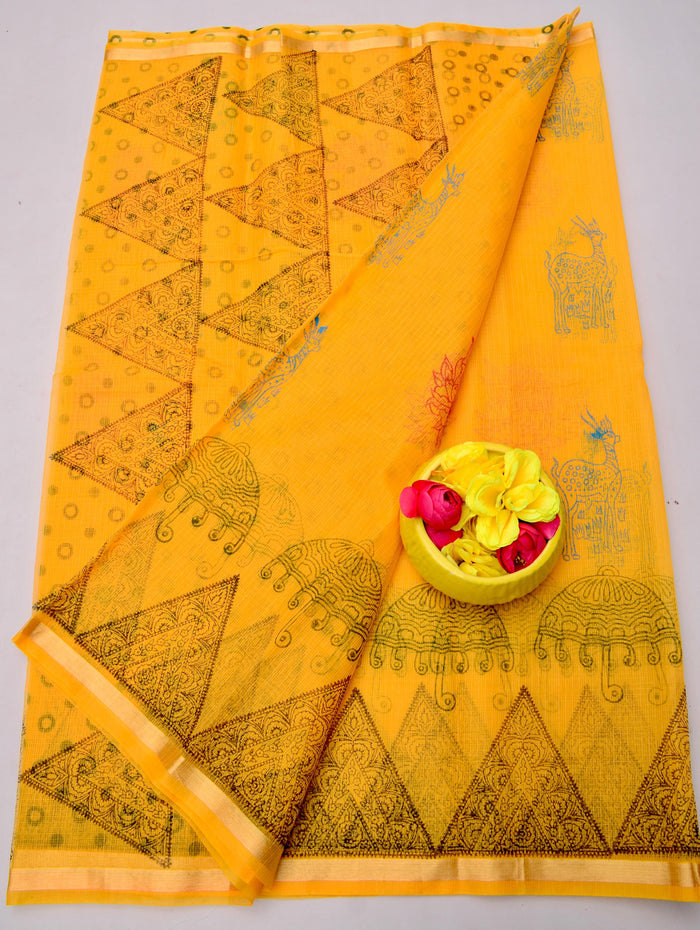 Kota Doria Hand Block Printed Saree - Yellow Color