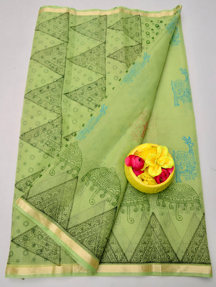 Kota Doria Hand Block Printed Saree - Green Color