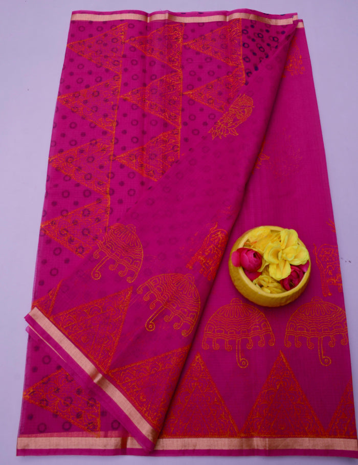 Kota Doria Hand Block Printed Saree - Rani Pink Color