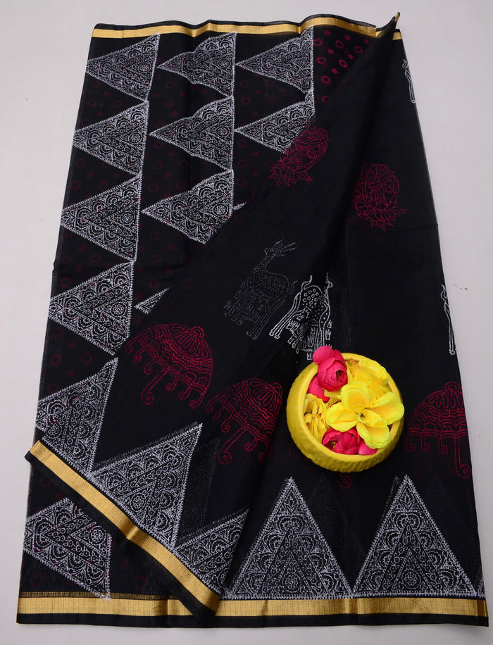 Kota Doria Hand Block Printed Saree - Black Color