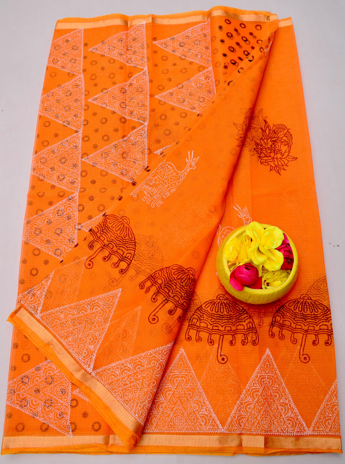 Kota Doria Hand Block Printed Saree - Orange Color